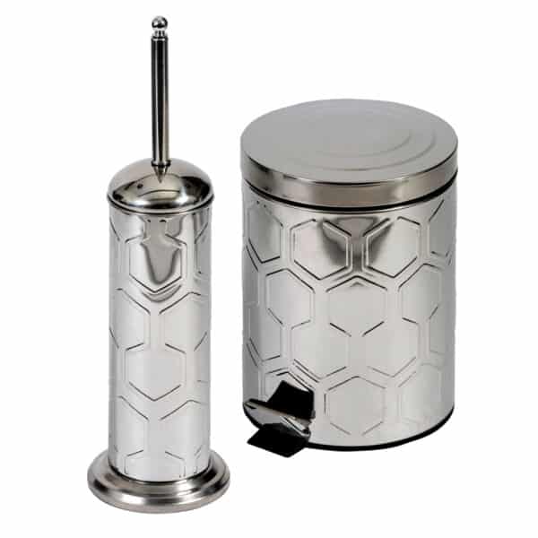 Hex Toilet Brush & 5 Litre Pedal Bin Set Mirror Finish - Bathroom Bins