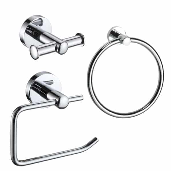 3 Pieces Polished Chrome Wall Mounted Accessories Set (Double Robe Hook, Toilet Roll Holder, Towel Ring) Modernity - Bathroom Accessories