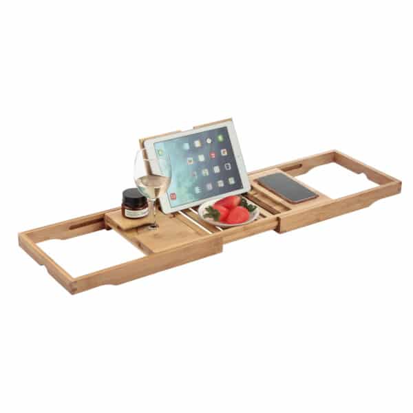 Premium 100% Natural Bamboo Bath Caddy Bridge Extendable Luxury Book Rest Wine Glass Holder Device Tablet Kindle IPAD Mobile Brooklyn - Bathroom Caddies and Baskets