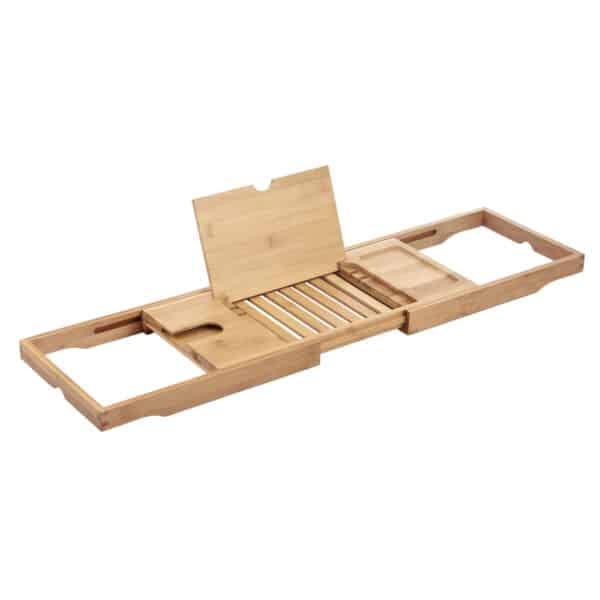 Premium 100% Natural Bamboo Bath Caddy Bridge Extendable Luxury Book Rest Wine Glass Holder Device Tablet Kindle IPAD Mobile Brooklyn - Bathroom Caddies and Baskets