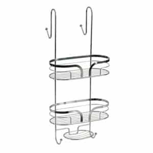 Bathroom Shower Caddy Hanging Basket 2 Tier Organiser with Soap Dish Holder Storage 2 Towel Hooks Tall Bottles Chrome Dante - Bathroom Caddies and Baskets