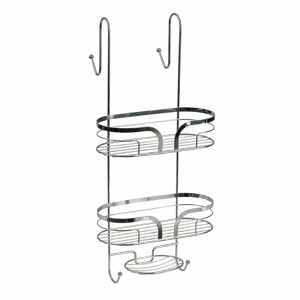 Bathroom Shower Caddy Hanging Basket 2 Tier Organiser with Soap Dish Holder Storage 2 Towel Hooks Tall Bottles Chrome Dante - Bathroom Caddies and Baskets