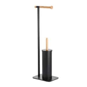 Freestanding Bathroom Toilet Brush Set Paper Stand Dispenser Holder Matt Black Bamboo Showerdrape Sonata - Free Standing Toilet Roll Holders