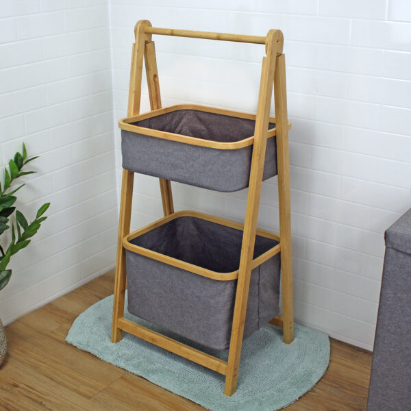 2 Tier Storage Ladder Baskets Organiser Space Saver Laundry Foldable Bamboo Frame Polyester Cotswold - Bathroom Caddies and Baskets