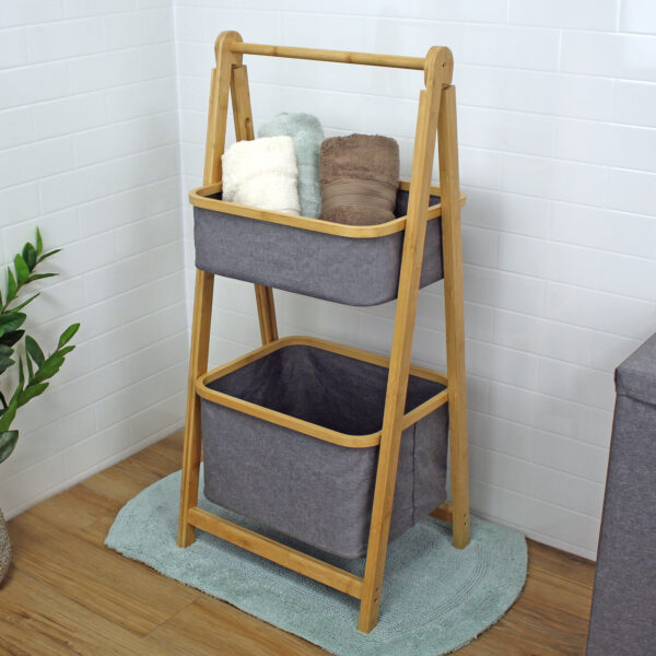2 Tier Storage Ladder Baskets Organiser Space Saver Laundry Foldable Bamboo Frame Polyester Cotswold - Bathroom Caddies and Baskets