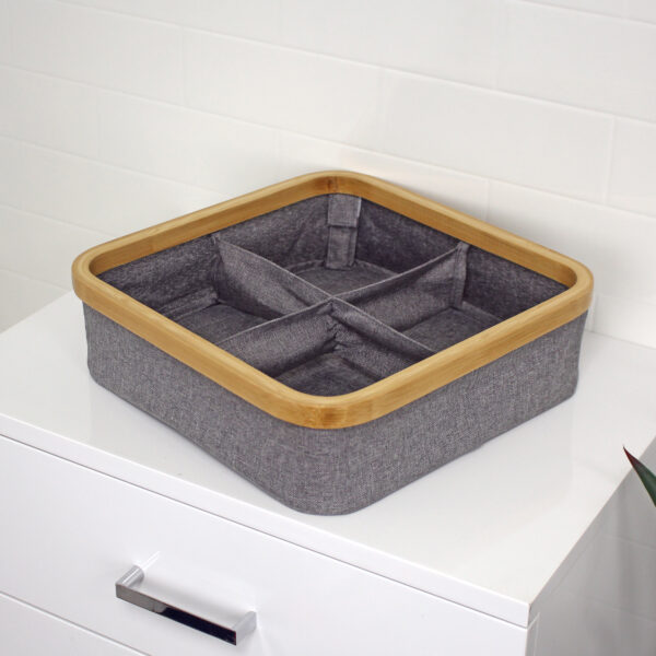 Storage Tray Organiser with 4 Compartments Fabric and Bamboo Cotswold - Bathroom Caddies and Baskets