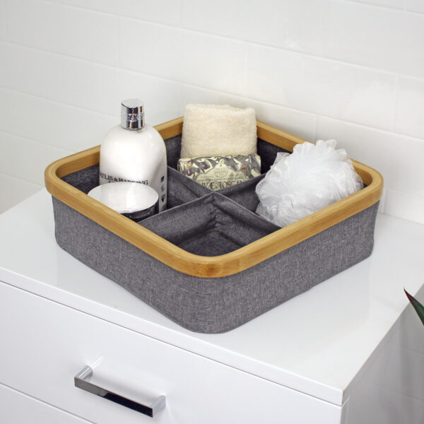 Storage Tray Organiser with 4 Compartments Fabric and Bamboo Cotswold - Bathroom Caddies and Baskets