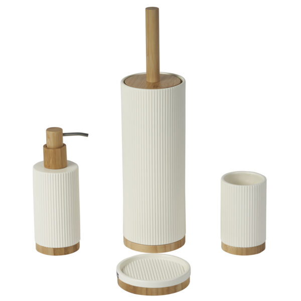 Bondi 4 Piece Bathroom Accessory Set Cream Ceramic/Bamboo Soap Tumbler Dispenser Toilet Brush - Bathroom Accessory Sets