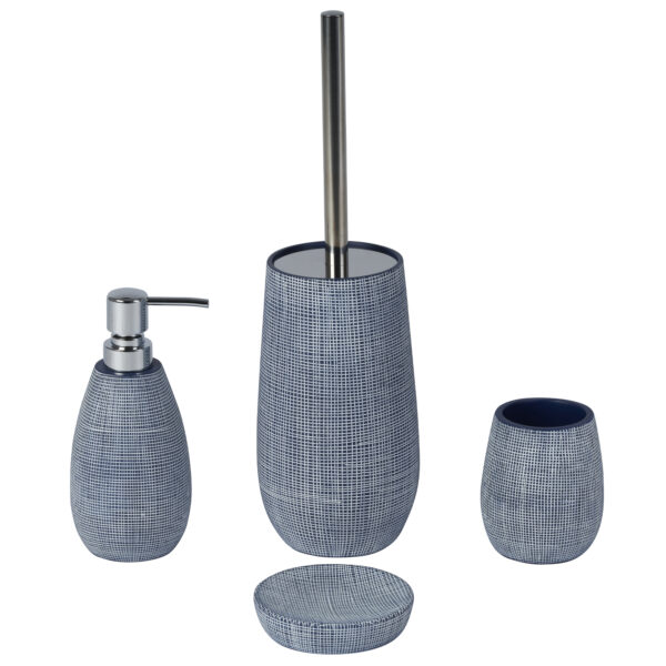 Denim 4 Piece Bathroom Accessory Set Navy/White Resin Soap Tumbler Dispenser Toilet Brush - Bathroom Accessory Sets