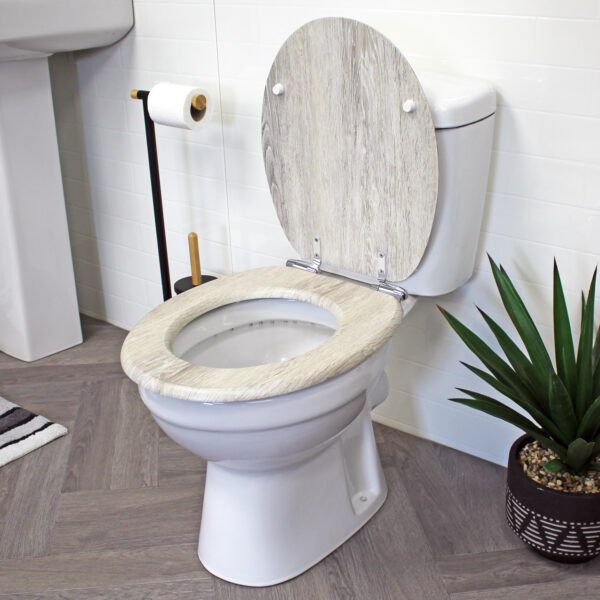 MDF Wood Toilet Seat Soft Close Chrome Hinges Oval Grey Oak Norfolk - Shower Accessories